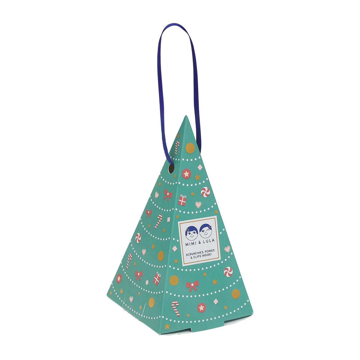 Pyramid shaped green Christmas tree bauble with navy satin hanging loop