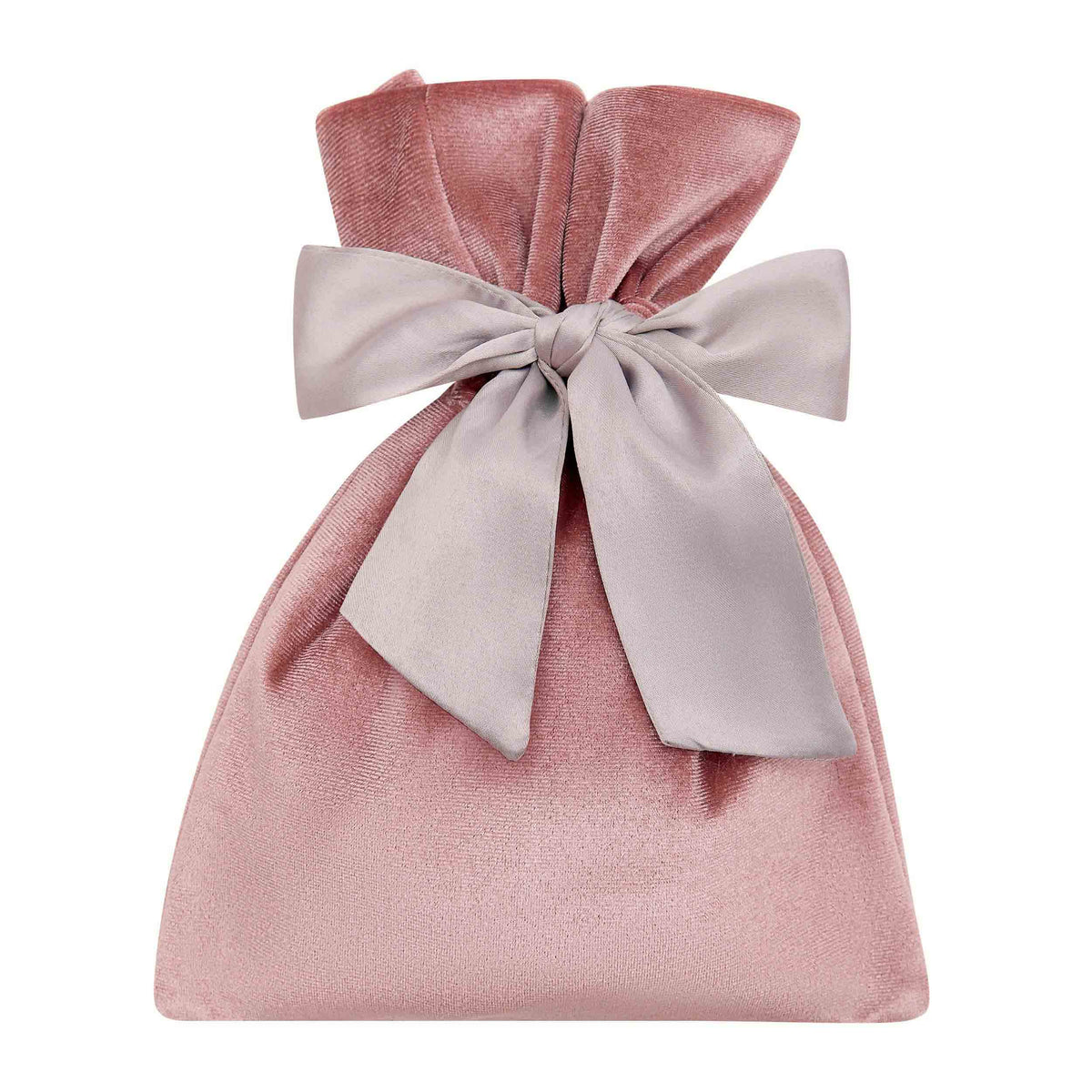 Pink velvet gifting pouch with grey satin bow