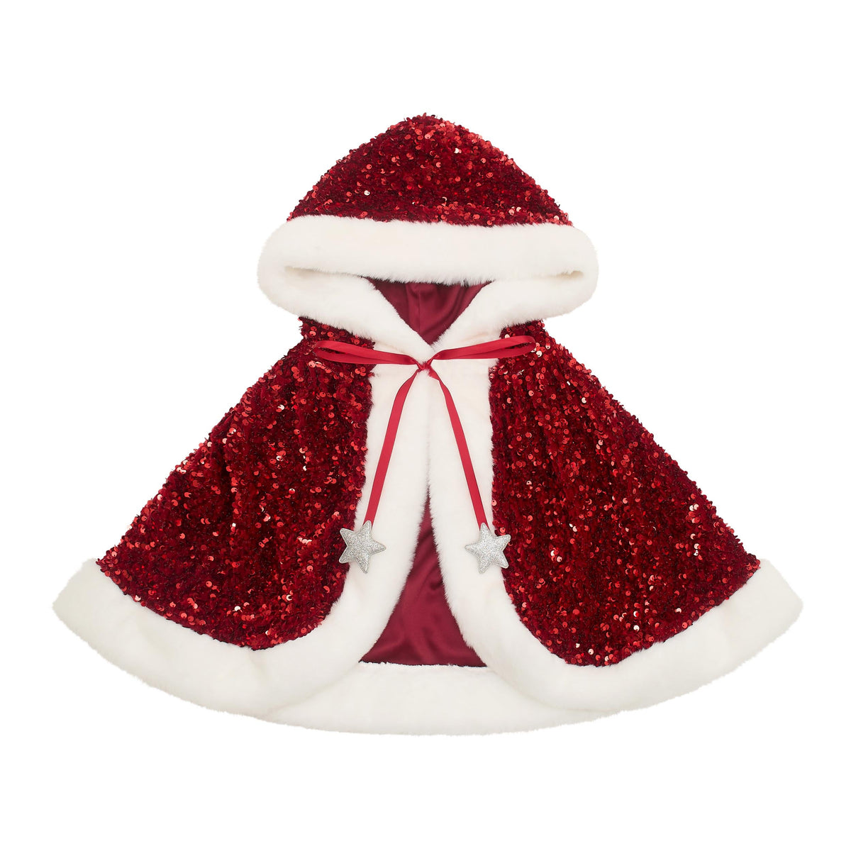 Red sequin Mrs Claus cape with white fur trim and hood