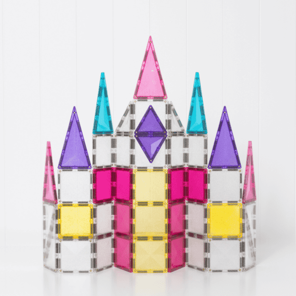CONNETIX Glitter Unicorn Pack magnetic tiles arranged in a unicorn-themed structure