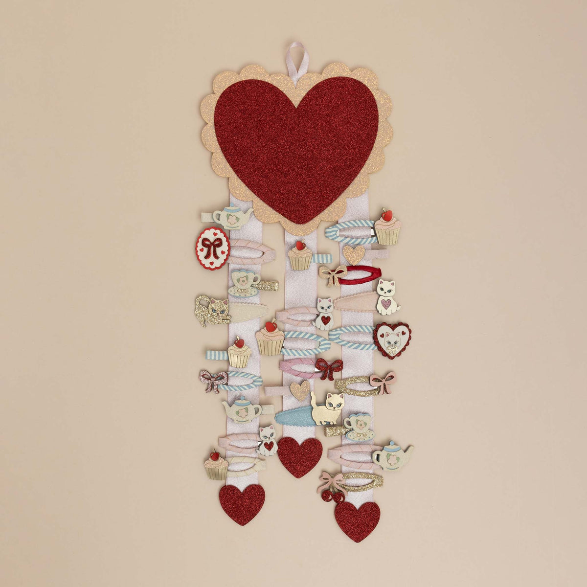 Hair clip collection displayed on dreamy heart wall hanger
