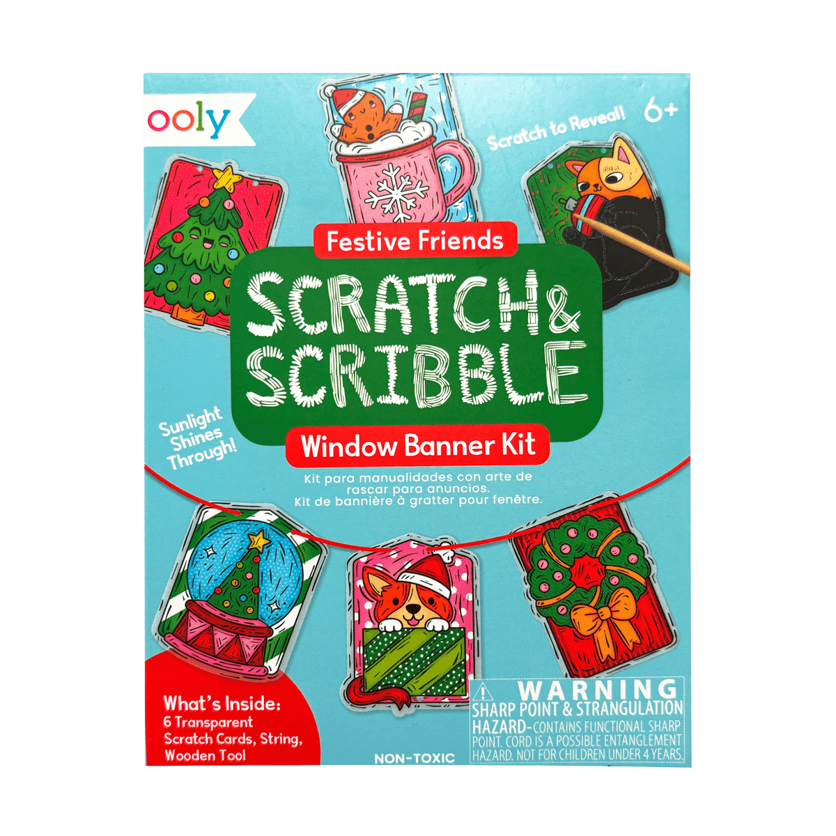 OOLY Mini Scratch & Scribble Window Banner Kit in Festive Friends, holiday scratch art window banner kit – image 5 of 6