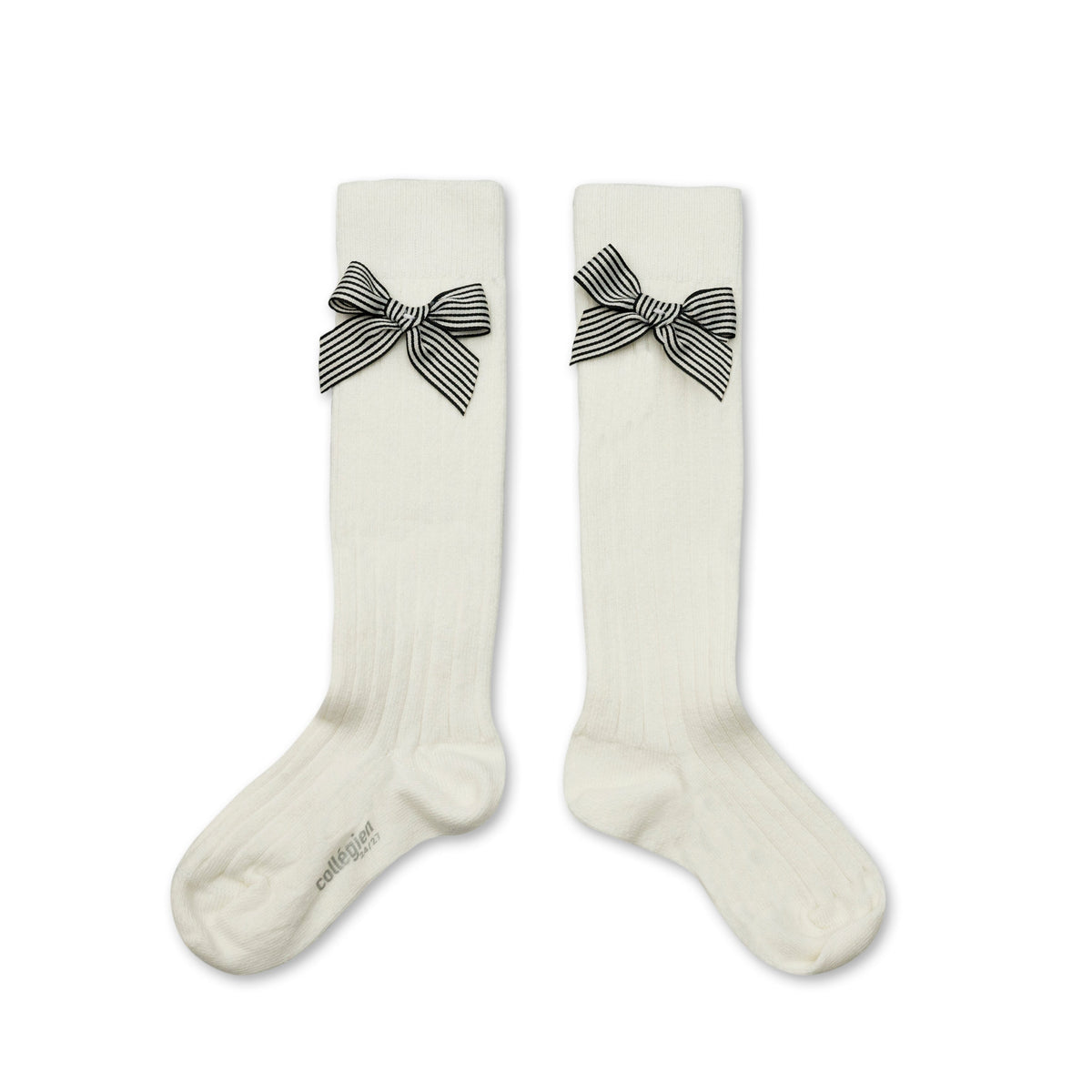 Collégien Marinette Ribbed Knee-High Socks with Striped Bow – Blanc Neige