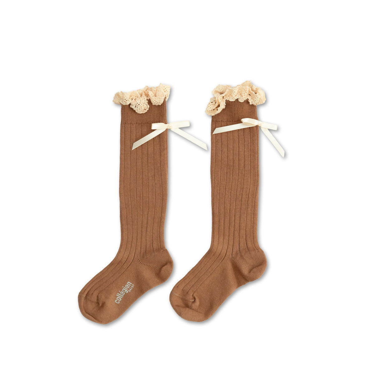 Collégien Domitille Ribbed Knee-High Socks with Lace and Bow – Mocha Mousse