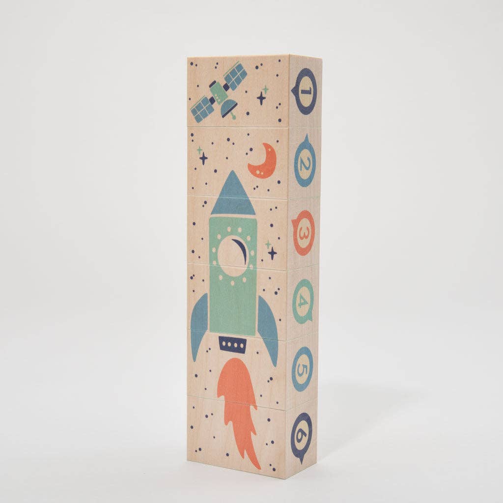 Uncle Goose Environments Space Blocks wooden set with rocket ship and planet illustrations