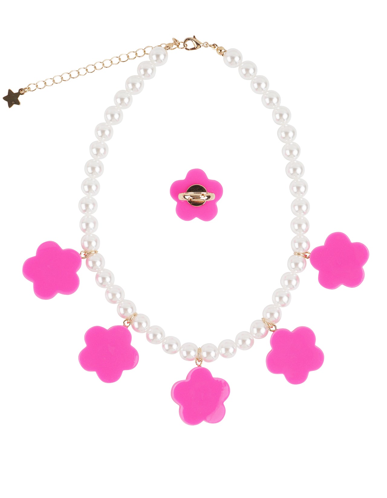 Hot Pink Floral Necklace Ring Set detail - Rurustar