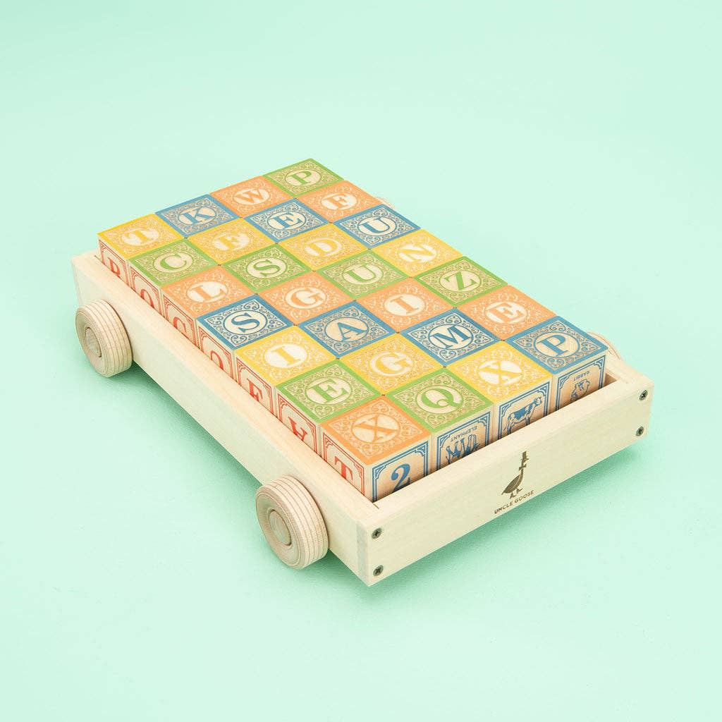Uncle Goose Classic ABC Blocks with Wagon - basswood wagon filled with alphabet blocks