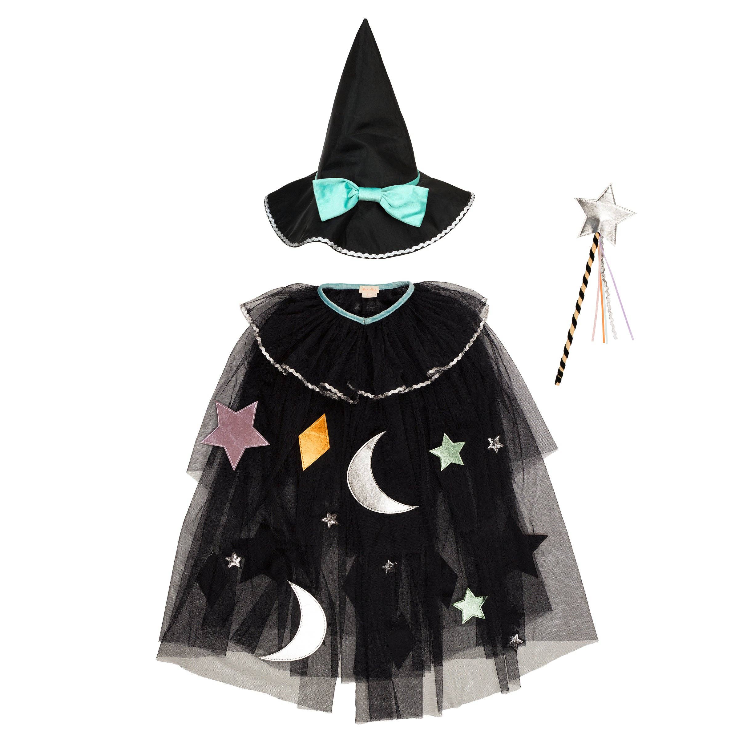 Tulle Appliqué Witch Cape, Hat & Wand - Kids Halloween Costume Set