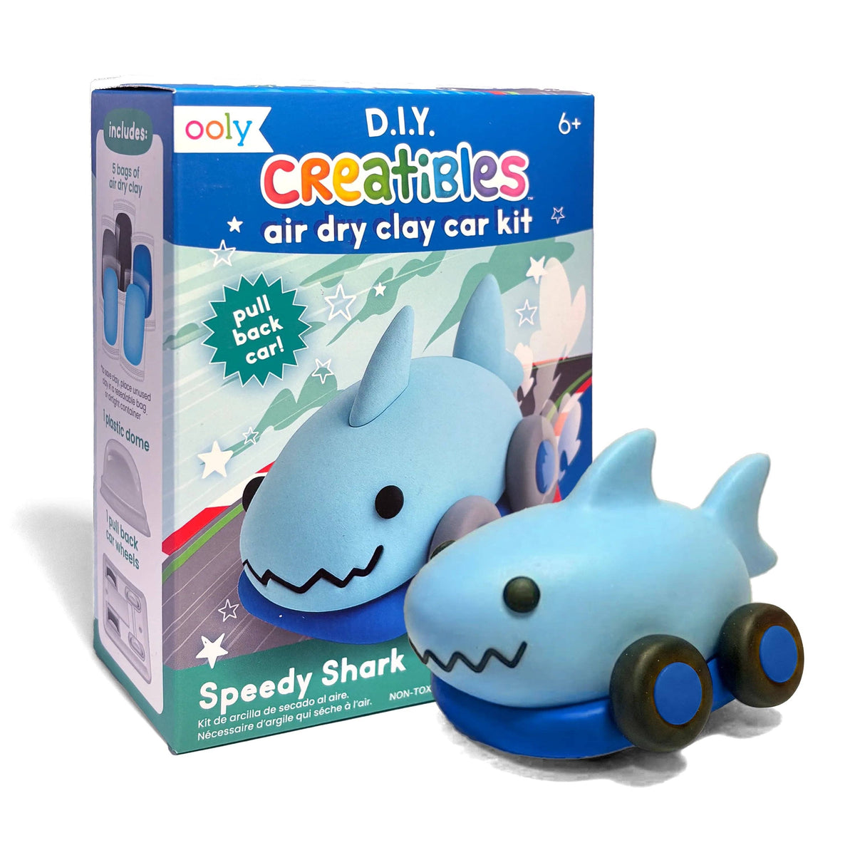 OOLY Creatibles Mini Air Dry Clay Car Kit in Speedy Shark, shark-themed air dry clay pull-back car kit – packaging front