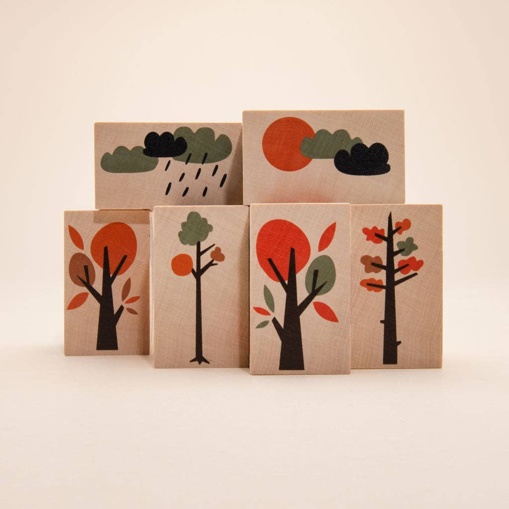 Weather-themed block faces showing rain, clouds, sun, and moon