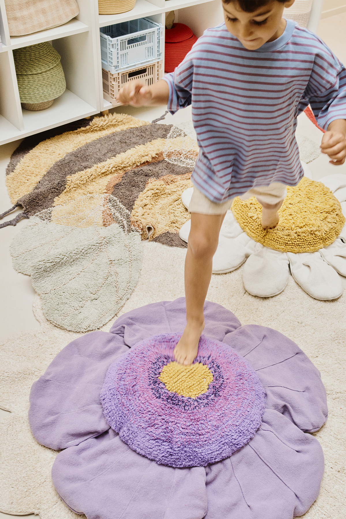 Floor Cushion Purple Poppy in use - Lorena Canals