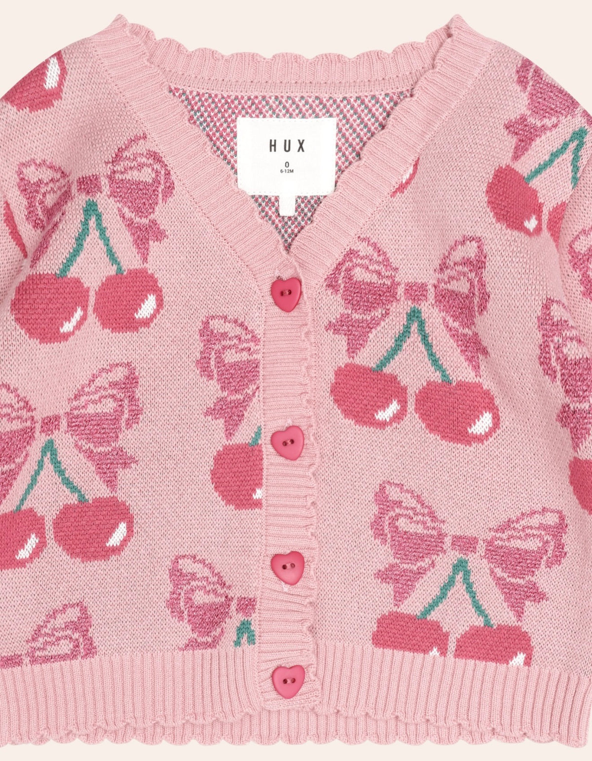 Cherry Bow Cardi – Vintage Pink – Huxbaby (detail view)