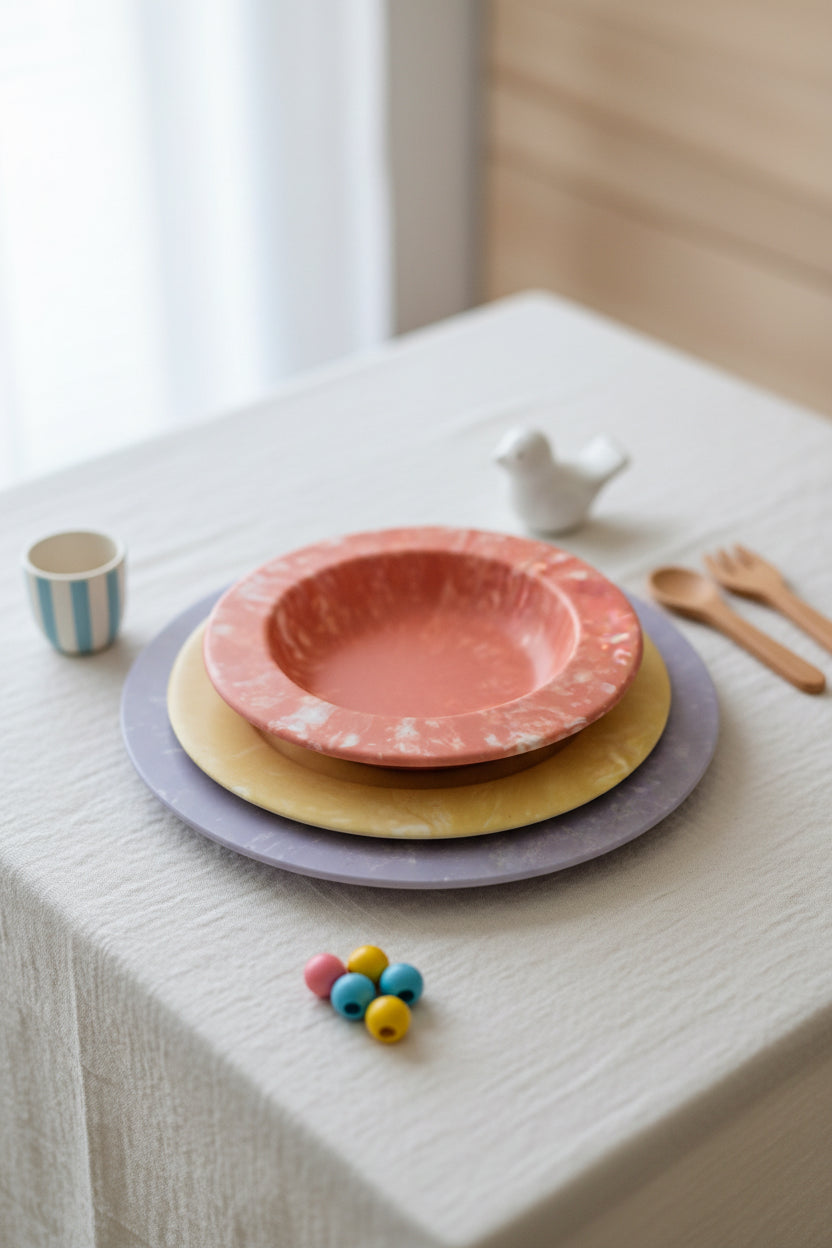 Pastel Marble 3-Piece Dinner Set – coordinated pastel kids dinnerware trio