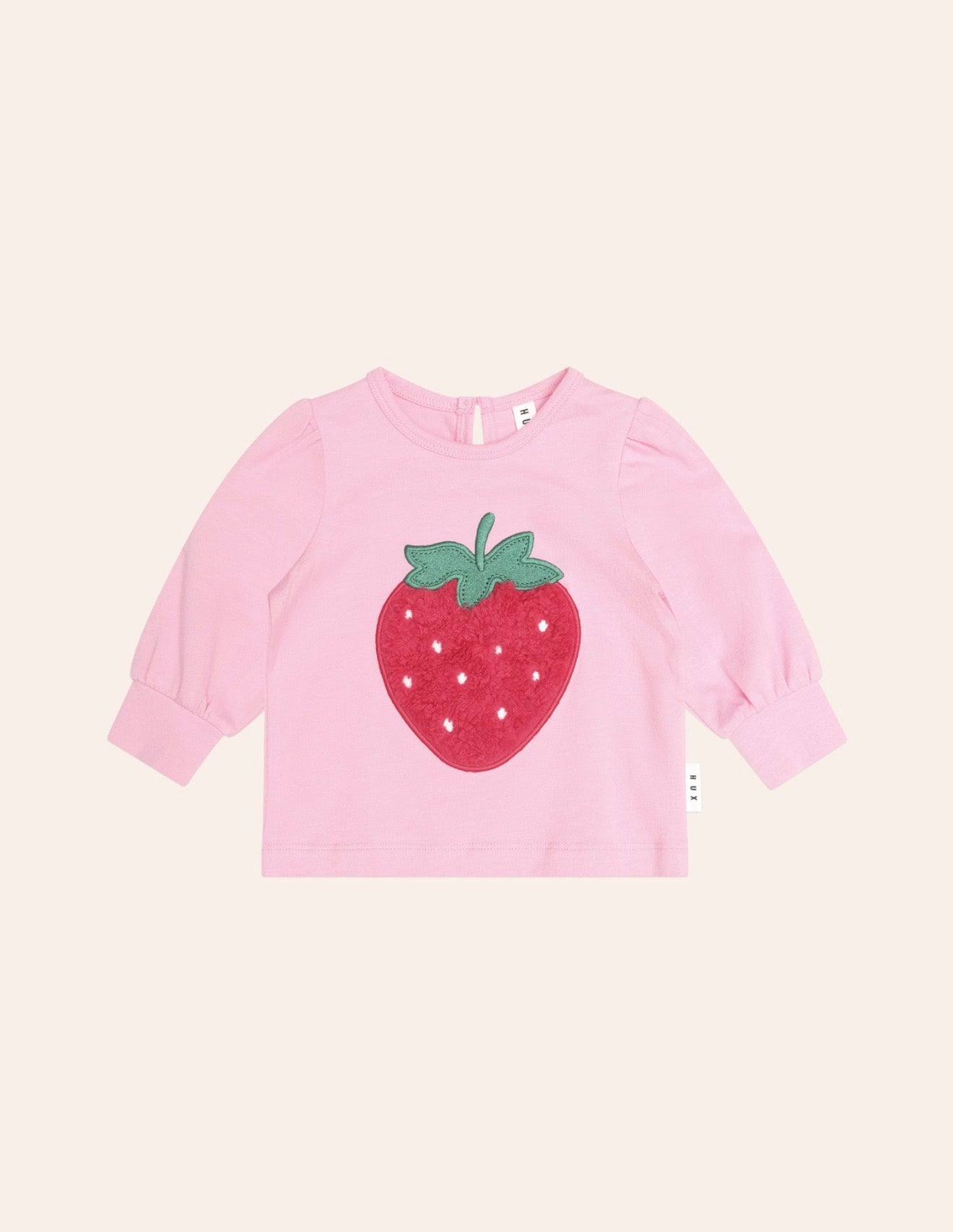 Furry Strawberry Puff Slv Top – Strawberry Crème – Huxbaby (front view)