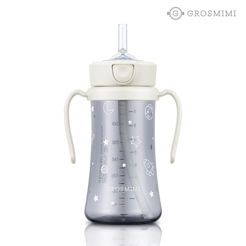 Grosmimi PPSU Straw Cup 300ml Space White with moon, stars and rocket print