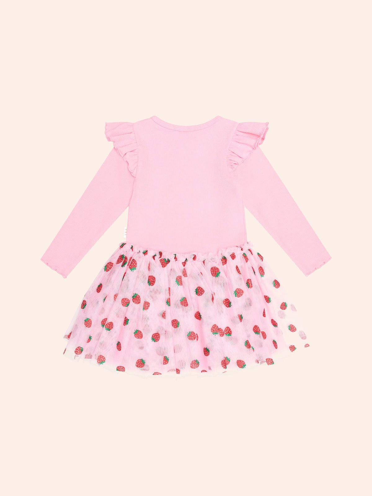 Strawberry Embroidered Long Sleeve Tulle Dress – Strawberry Crème – Huxbaby