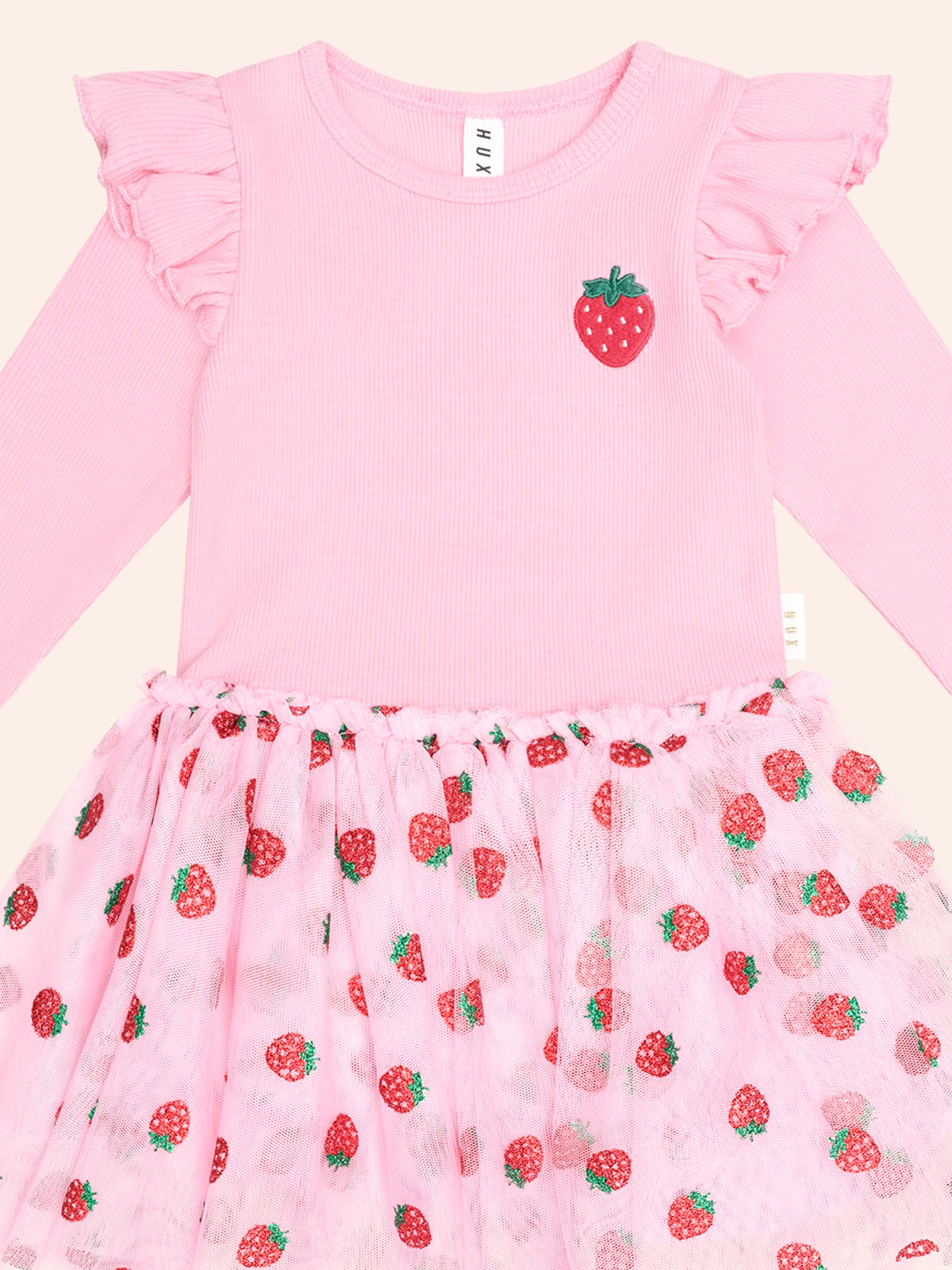 Strawberry Embroidered Long Sleeve Tulle Dress – Strawberry Crème – Huxbaby