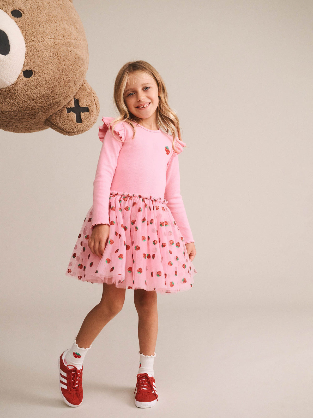 Strawberry Embroidered Long Sleeve Tulle Dress – Strawberry Crème – Huxbaby