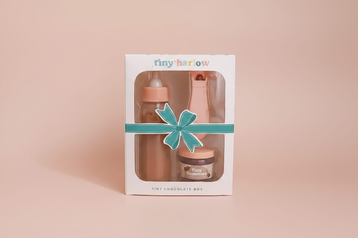 Tiny Harlow Tiny Tummies Puree and Milk Bottle Set for Doll in Chocolate - littlewild kids