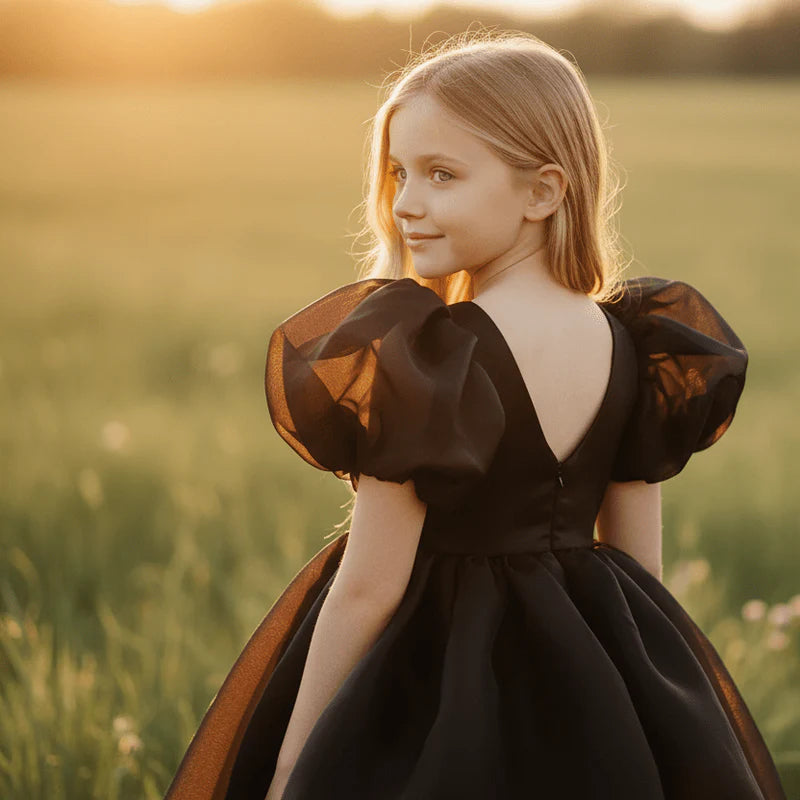 V-Back Puff Sleeve Organza Tutu Dress in black – DOLLY by Le Petit Tom, view 4