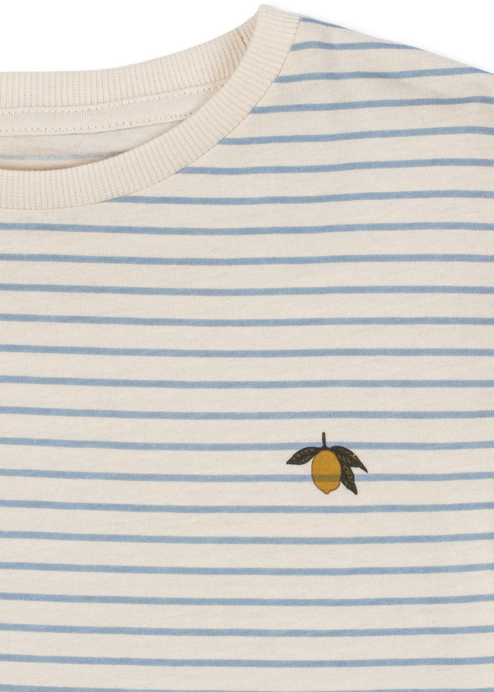 Close-up of a striped sweater with a small embroidered design on a plain background