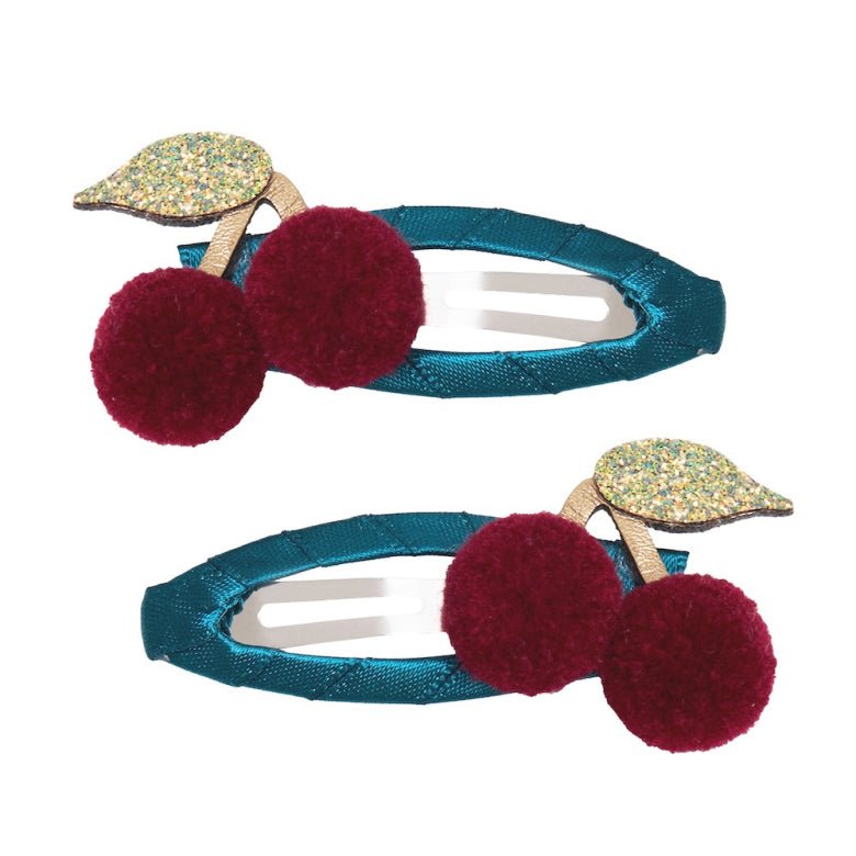 Pom Pom Cherries Hair Clips – Mimi & Lula teal ribbon clips with pom-pom cherries