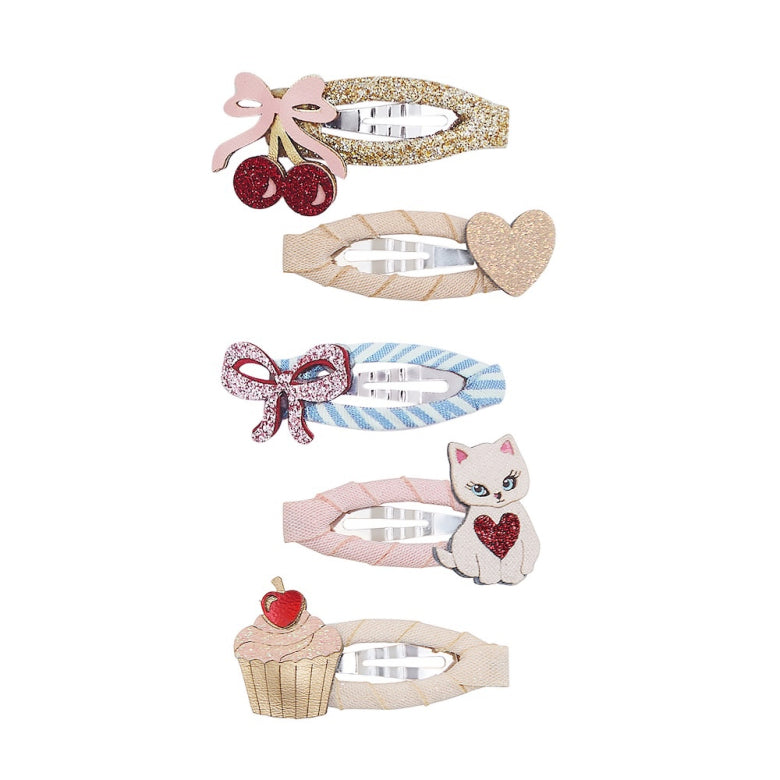 Kittybow Mini Hair Clips – Mimi & Lula set of 5 pastel clips with cherry bow, heart, kitten and cupcake