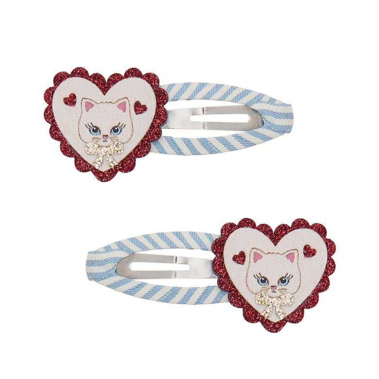 Scalloped Kitty Hair Clips – Mimi & Lula heart-shaped clips with kitten face and glitter bow