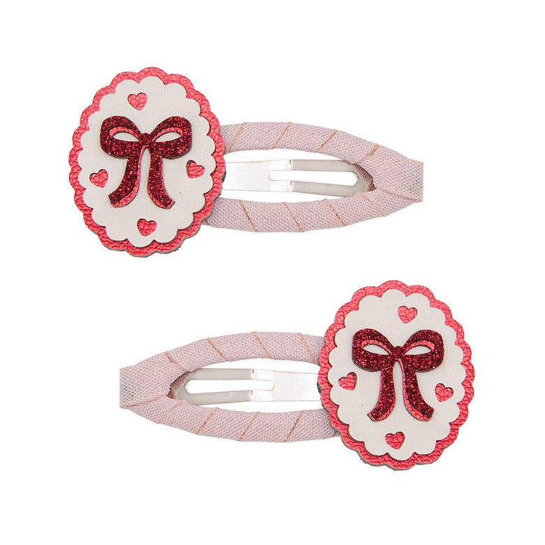 Framed Bow Hair Clips – Mimi & Lula scalloped oval clips with glitter red bow