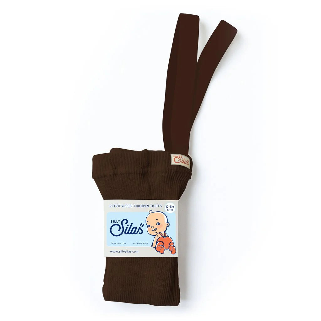 Silly Silas cotton footed baby tights with suspenders in chocolate brown