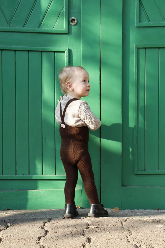 Toddler wearing Silly Silas cotton tights with suspenders chocolate brown
