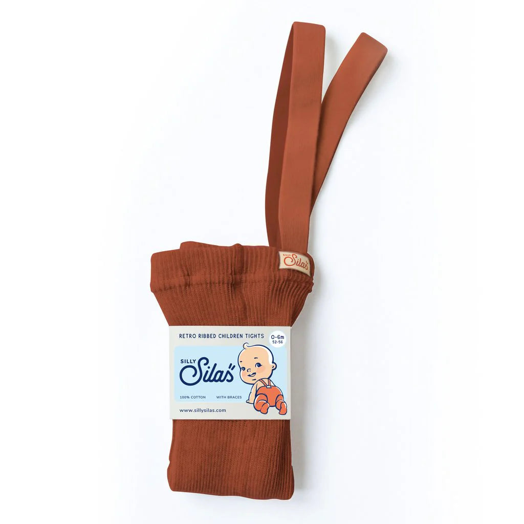 Silly Silas cotton footed baby tights with suspenders in cinnamon