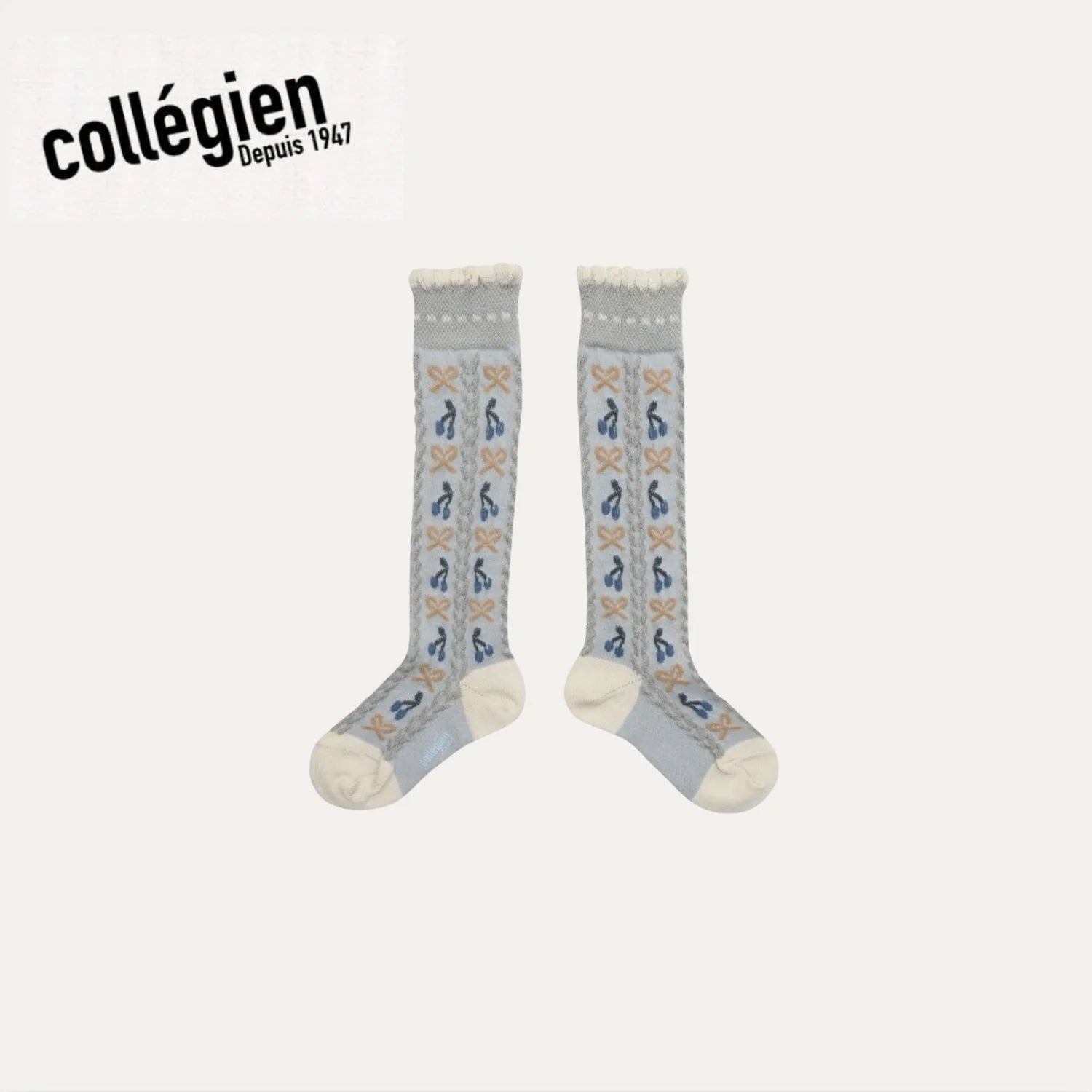 Collégien Cerise Jacquard Cherries and Bows Knee-high Socks – Gris Perle