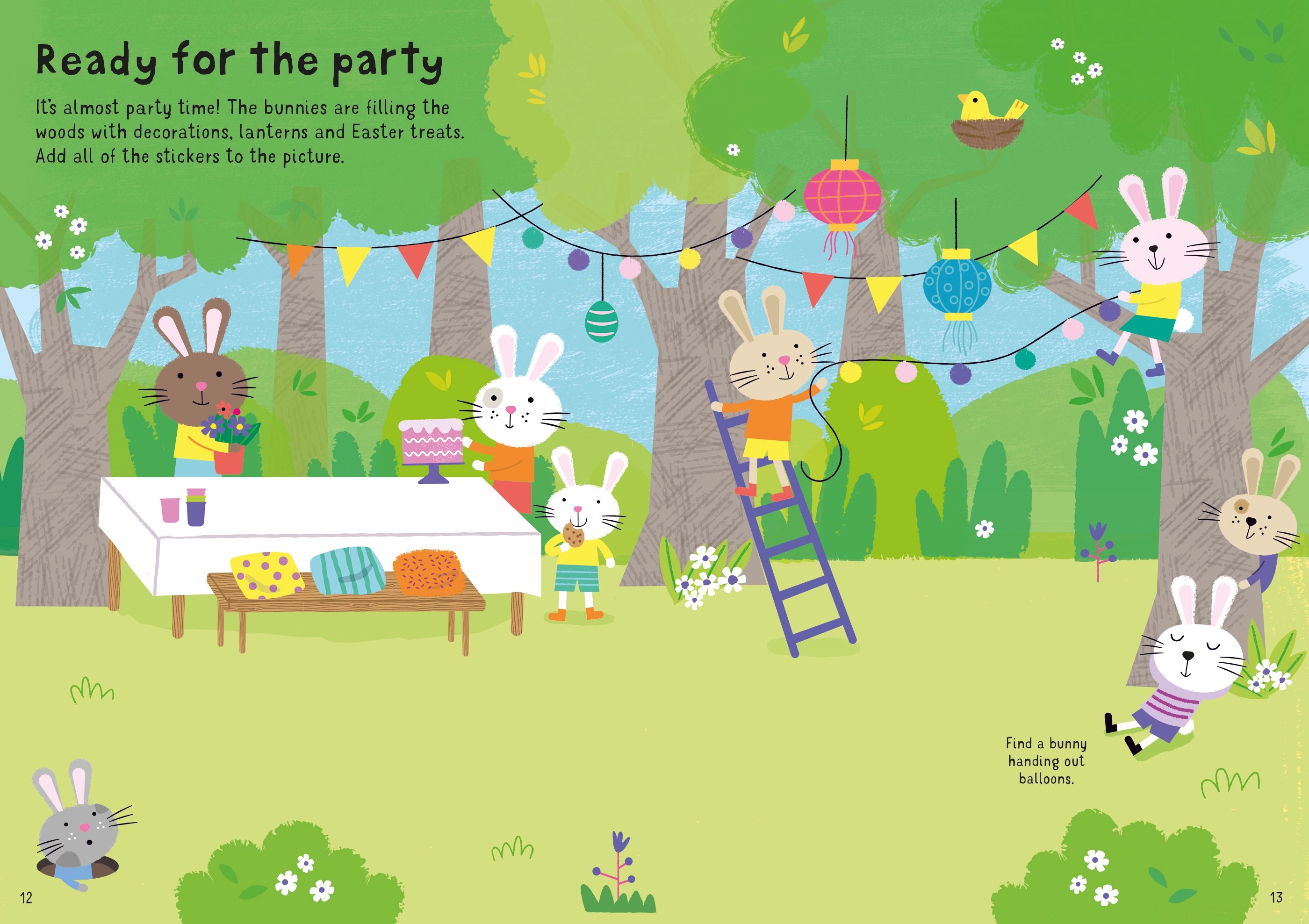 Easter themed sticker activity page with dolls and eggs