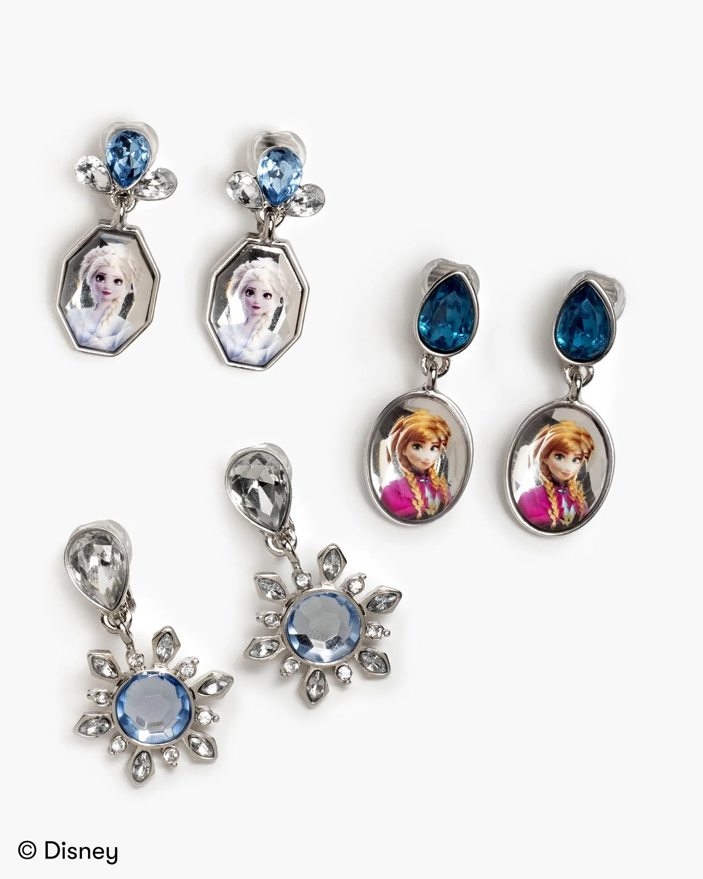 Close-up of Disney Frozen Earring Set with colorful themed earring designs