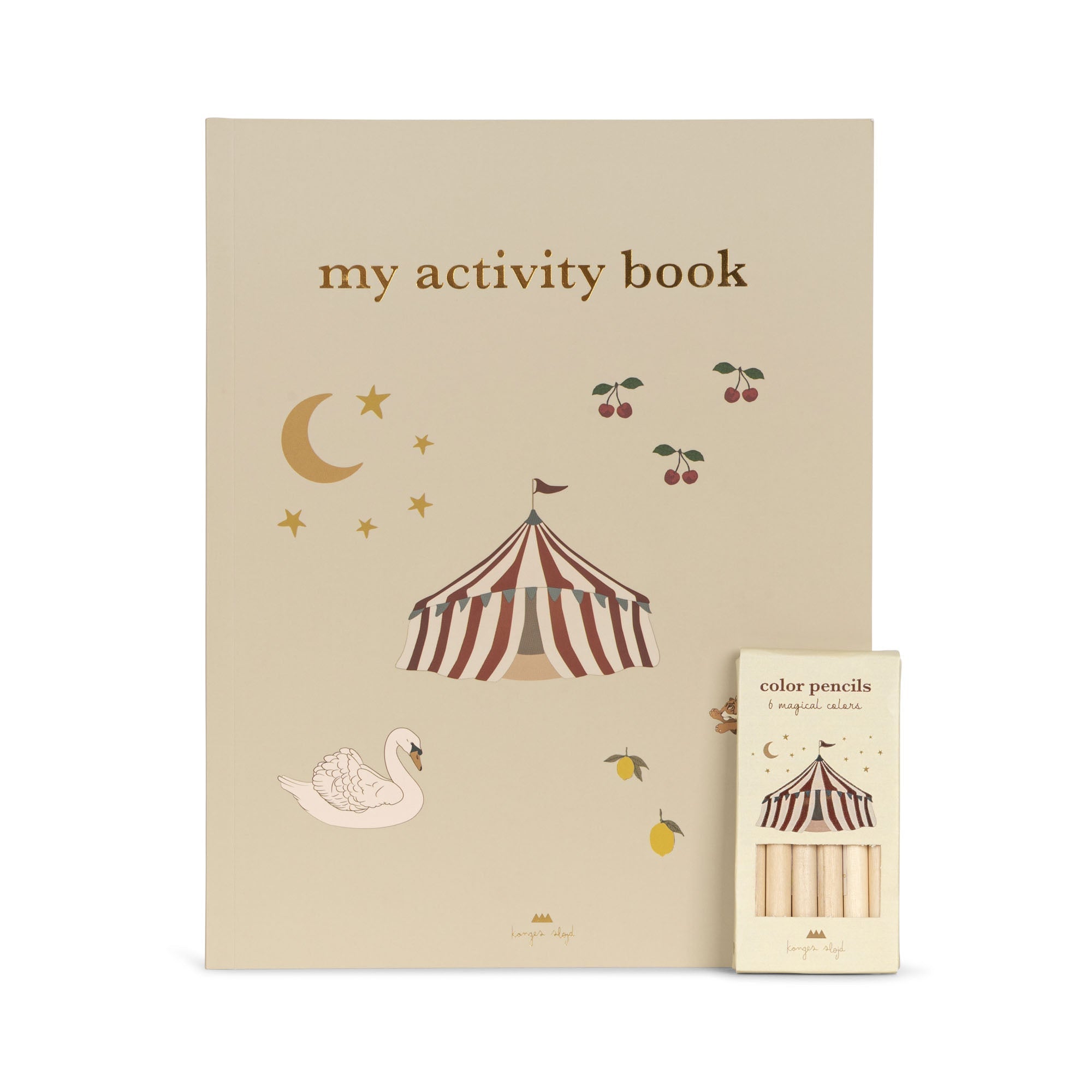 Konges Sløjd My Activity Book with Color Pencil — illustrated circus-themed kids activity book shown with colour pencil on cream background