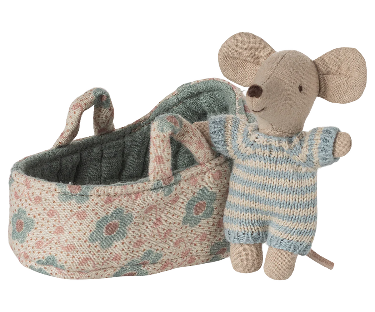 Maileg Baby Mouse in Carry Cot Blue – front view, Maileg doll pre-order