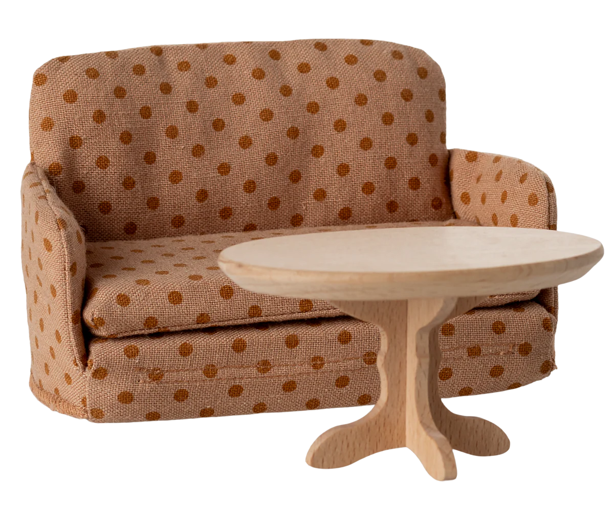 Maileg Sofa Bed Mouse Dots – scale and packaging view