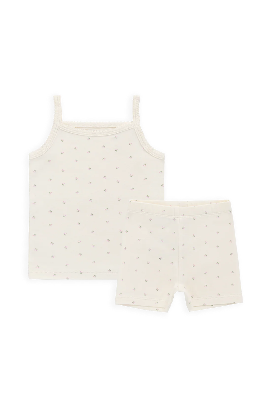 Jamie Kay Organic Cotton Jude Singlet Pyjama Set in Ditsy Cherries — singlet and shorts pyjama set with cherry print, flat lay on white background