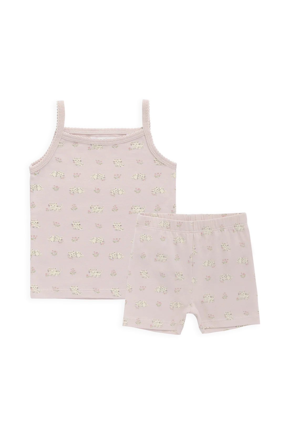Jamie Kay Organic Cotton Jude Singlet Pyjama Set in Moon Floral Mauve — singlet and shorts pyjama set with delicate floral print, flat lay on white background