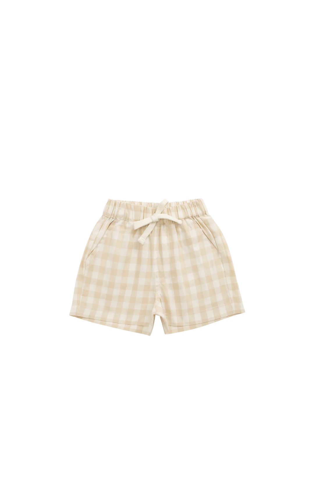 Jamie Kay Organic Cotton Louis Short in Gingham Pale Khaki — classic gingham shorts for kids, flat lay on white background