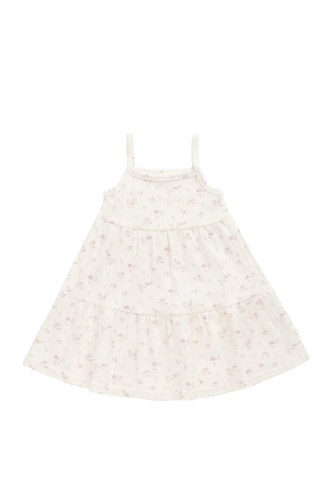 Jamie Kay Organic Cotton Fine Rib Matilda Dress in Caroline Egret — spaghetti strap tiered dress with delicate floral print for girls