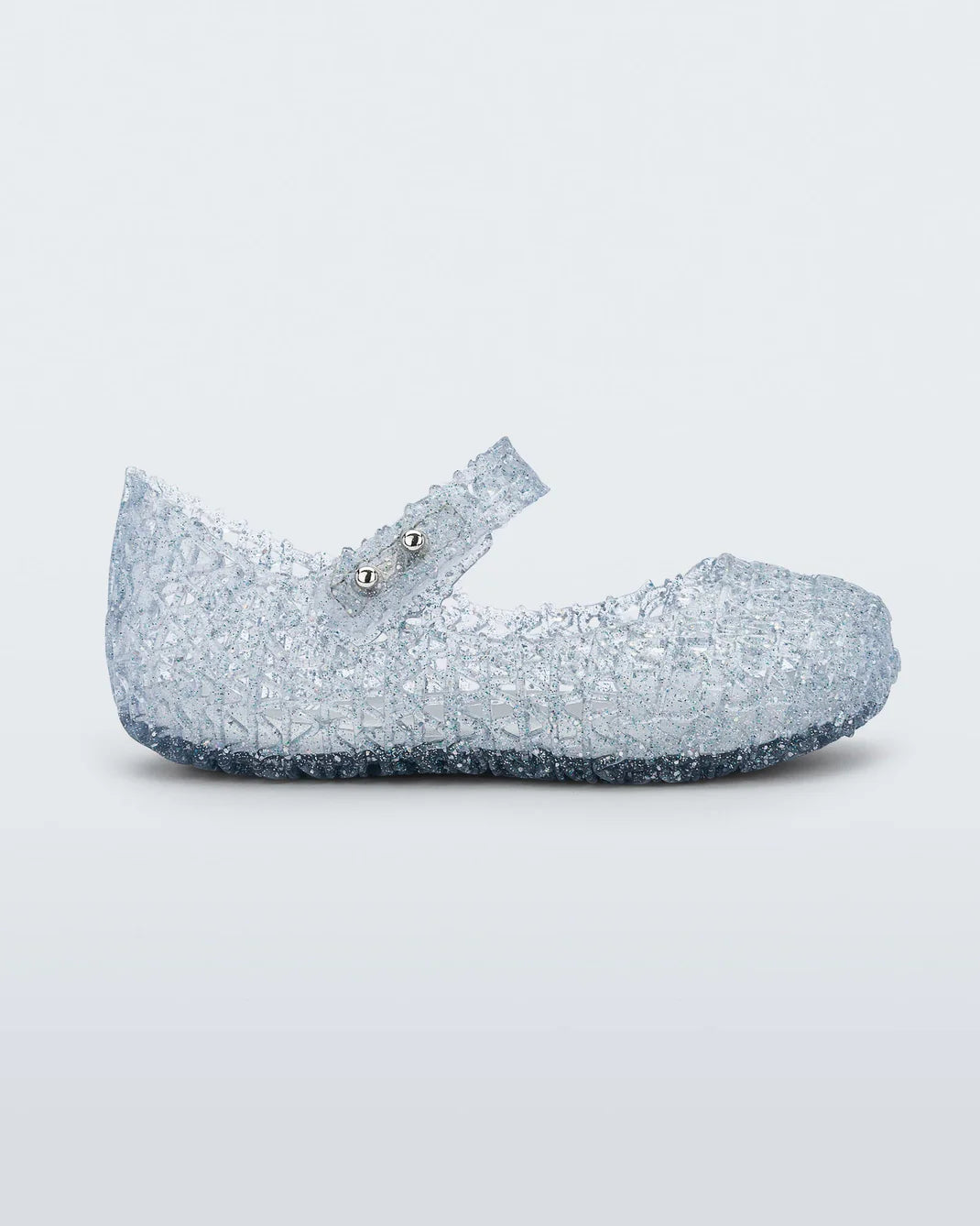 Mini Melissa Campana — silver glitter jelly kids ballerina flat, pair shown on white background