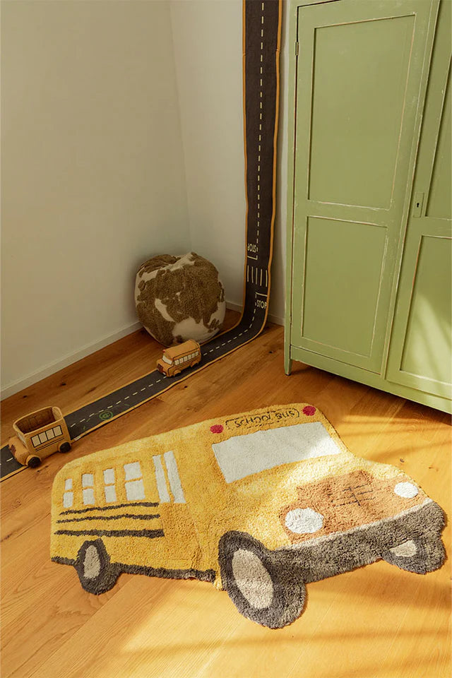 Washable Rug School Bus by Lorena Canals styled in a kids' playroom