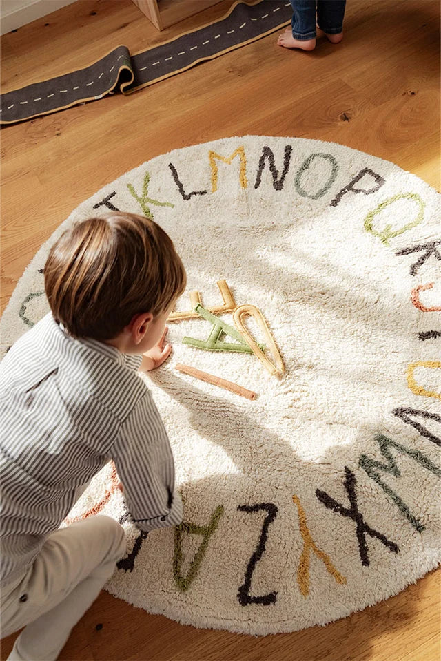 Washable Play Rug ABC Color and Letters by Lorena Canals styled in a playroom