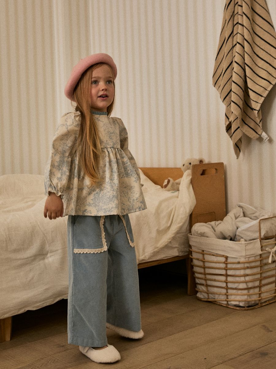 Rowyn Pants – Blue – Petite Hailey kids wide-leg pants, trim detail