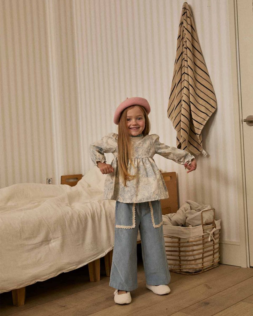 Rowyn Pants – Blue – Petite Hailey kids wide-leg pants, styled view