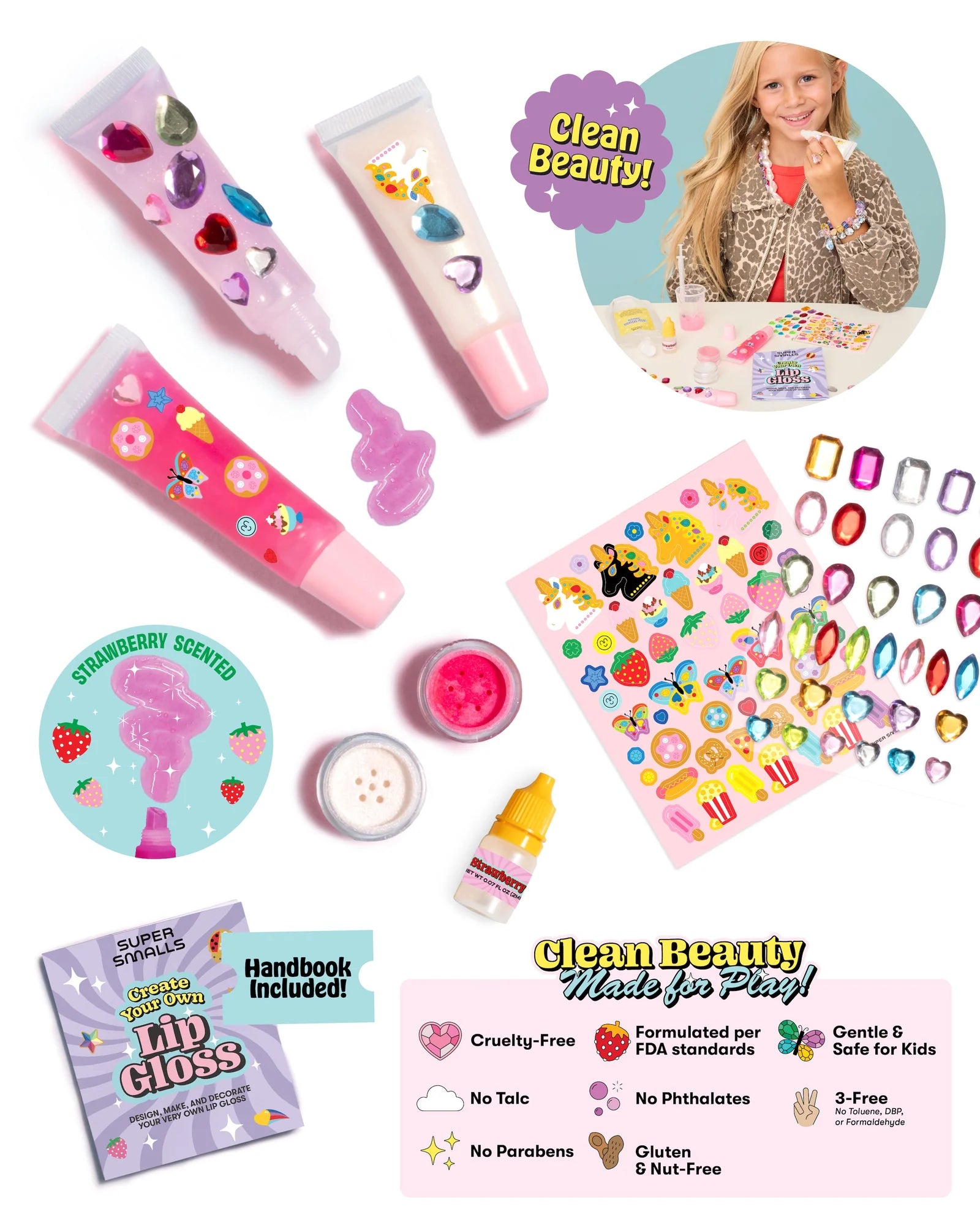 Supersmalls Create Your Own Lip Gloss kit — kids DIY lip gloss making set in pink tones, shown in gift box with mixing tools and accessories