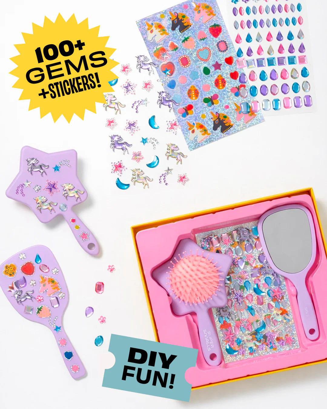 Supersmalls Unicorn Style & Shine Gemify Beauty Kit — unicorn themed kids DIY beauty kit with 100+ gem stickers and beauty accessories, shown in gift box