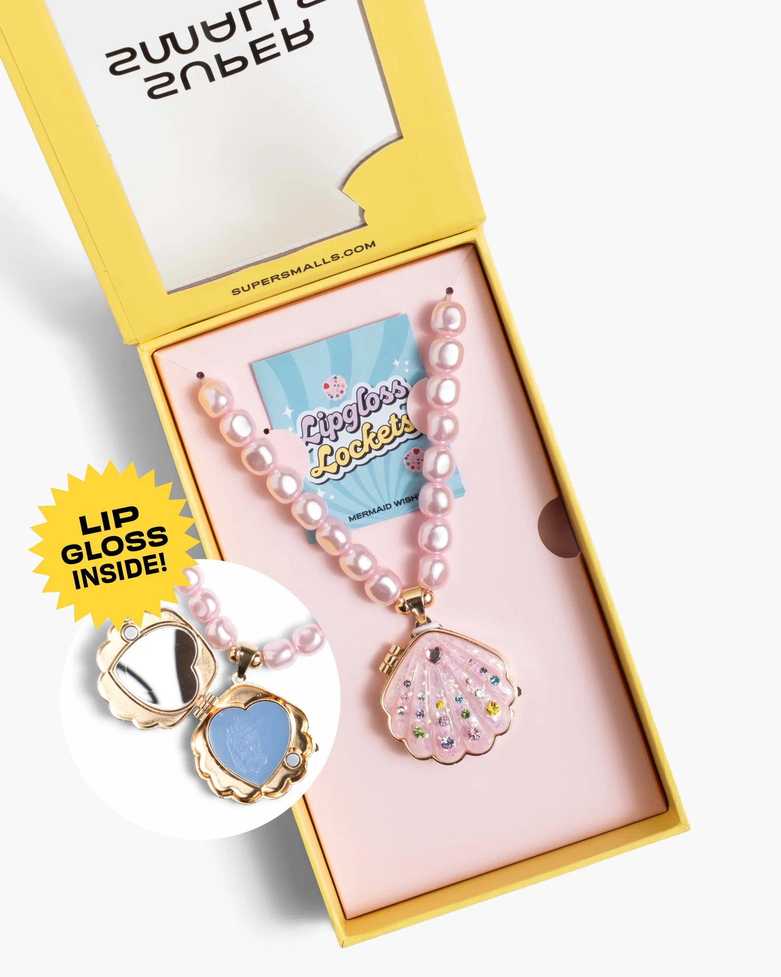Supersmalls Sparkle Shell Lipgloss Locket — pearl-toned shell locket necklace with kids lip gloss, shown in pink gift box